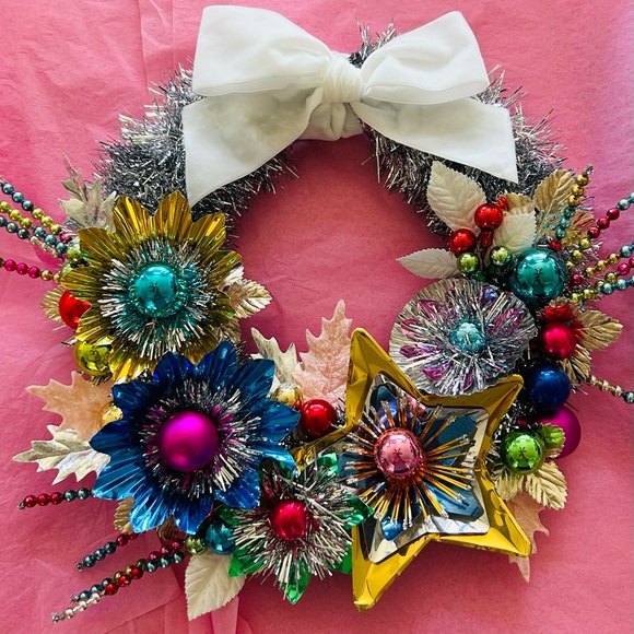 vintage repurposed handmade one of a kind Other - Vintage Repurposed Festive Silver Tinsel and Multicolor Holiday Wreath